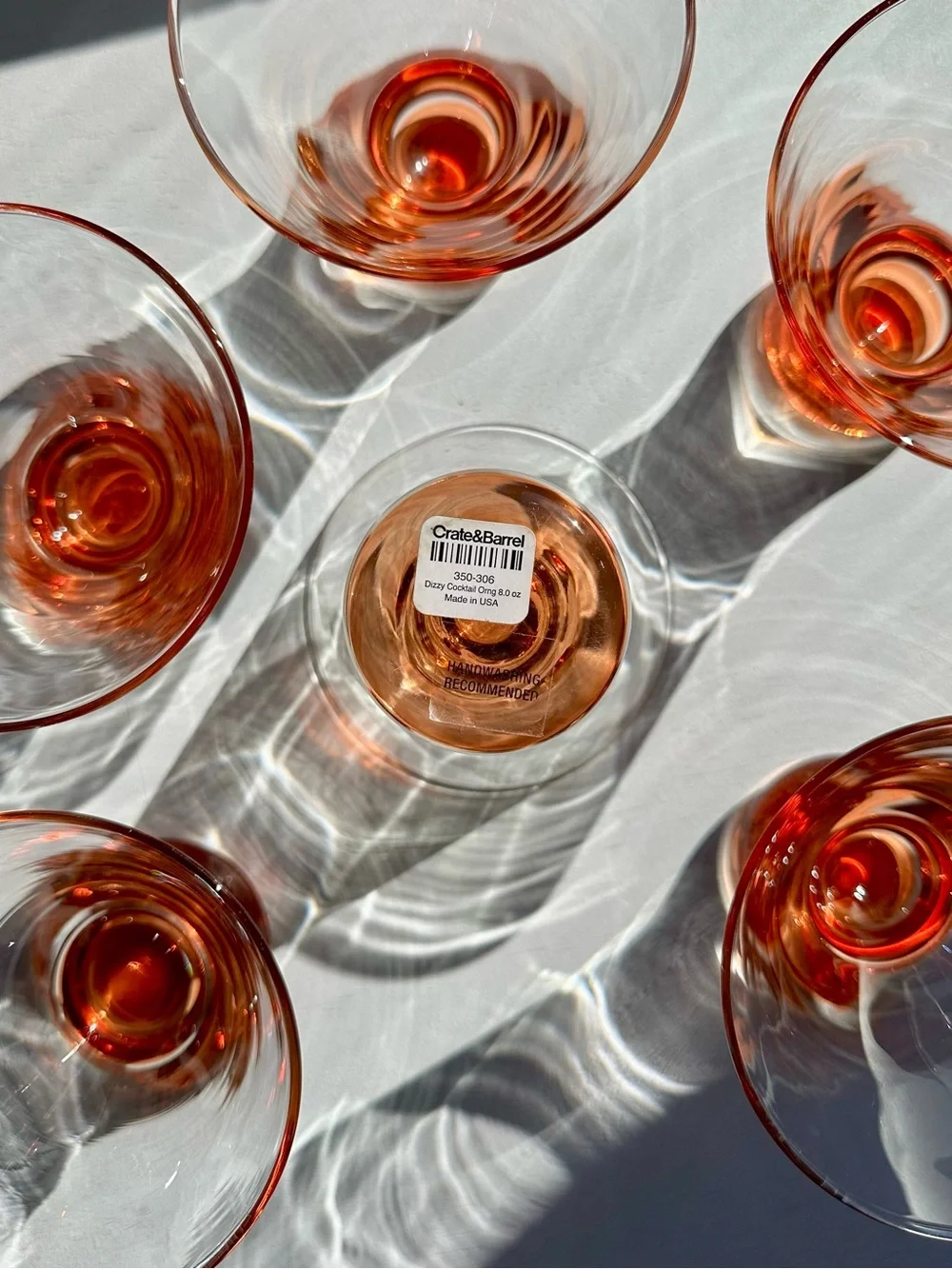 Crate & barrel dizzy martini cocktail glass 8oz drinkware orange base set/6 NWT